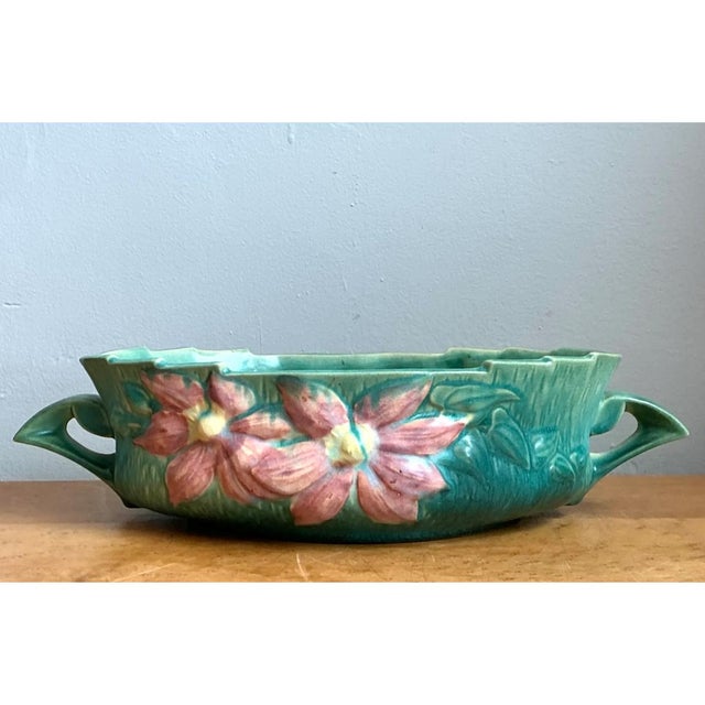 Modern Vintage Roseville Green Clematis Ceramic Bowl For Sale - Image 3 of 12