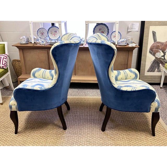 Custom Pair of Wingback Chairs Upholstered in Toile De Nantes & Colefax & Fowler Velvet in Blue & White For Sale - Image 10 of 11