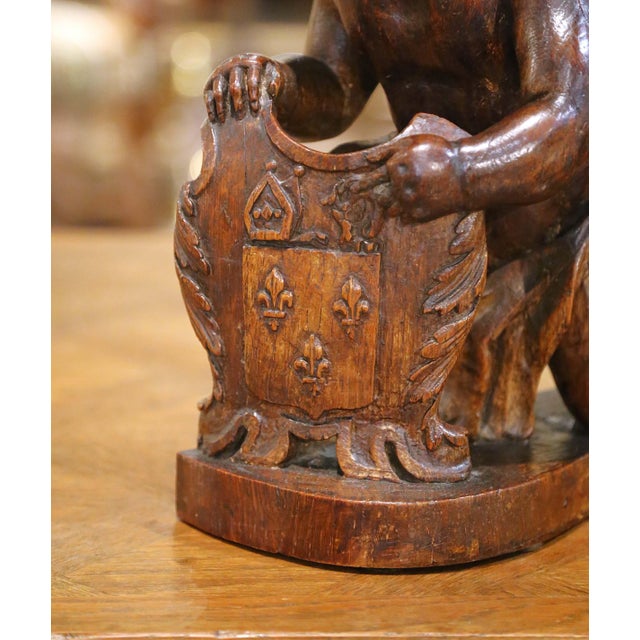 18th Century French Carved Oak Winged Putto With Fleur-De-Lys Heraldic Shield For Sale - Image 4 of 10