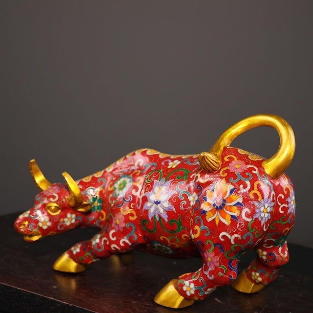 Vintage Cloisonné Enamel Golden Ox Statue With Floral Motif For Sale - Image 4 of 9