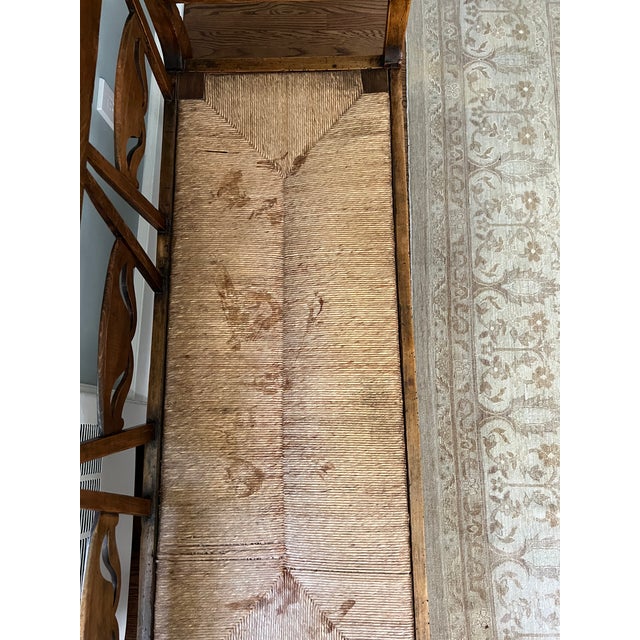 Early 19th Century Carved Elm Bench, Rush Seat For Sale - Image 4 of 5