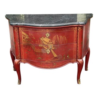 19th C Style Red Chinoiserie & Black Marble Commode - Newport Historic Mansion Collection For Sale