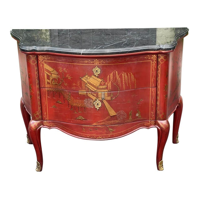19th C Style Red Chinoiserie & Black Marble Commode - Newport Historic Mansion Collection For Sale