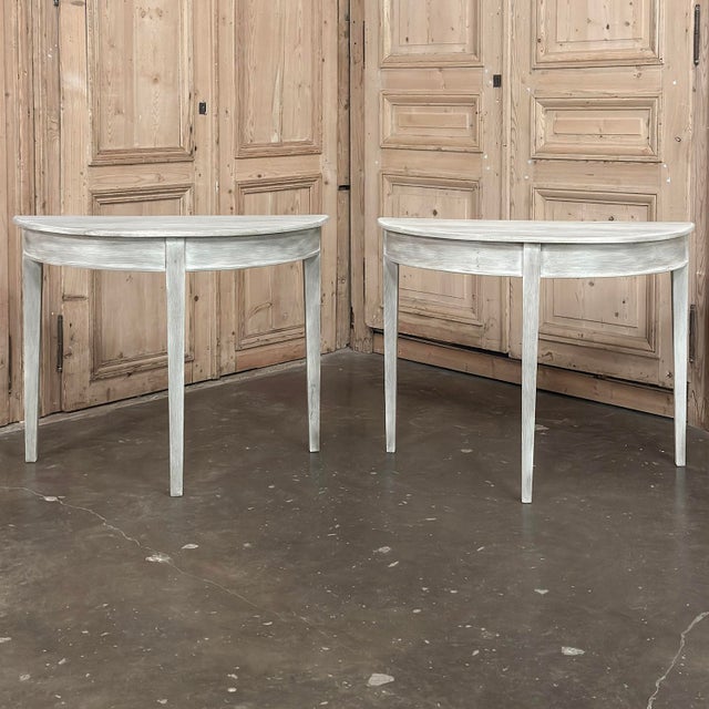 Pair of 19th Century French Directoire Whitewashed Oak Demi Lune Consoles For Sale - Image 9 of 18
