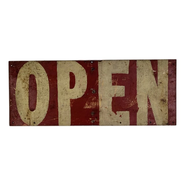 Vintage Large Hand Made Double Sided "Open/Closed" Metal Sign in Firetruck Red For Sale