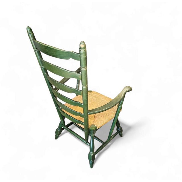 Vintage High Back Ladder Chair in Green Wood with Rush Seat For Sale - Image 3 of 15
