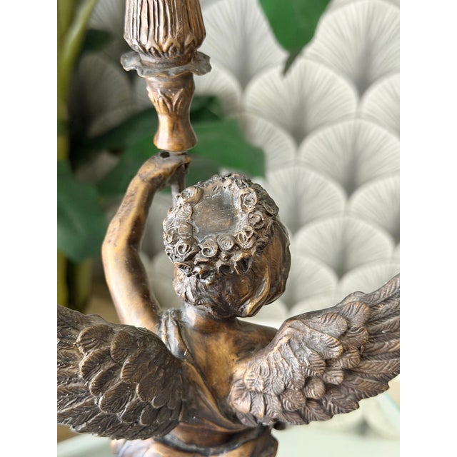 Antique Art Nouveau Brass Bronze Cherub Cupid Angel Candlestick Holder Sculptures - A Pair For Sale - Image 15 of 18