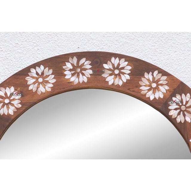 Precious Floral Mother of Pearl Inlay Round Mirror For Sale - Image 4 of 8