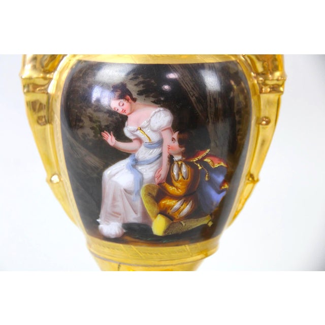 Pair of Old Paris Gilt Porcelain Decorative Vases With Romantic Scenes For Sale - Image 4 of 14