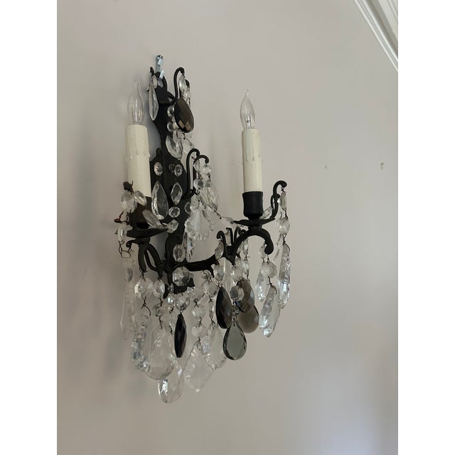 Pair Late 19th Century Iron and Crystal Rocco Style Sconces For Sale - Image 6 of 7