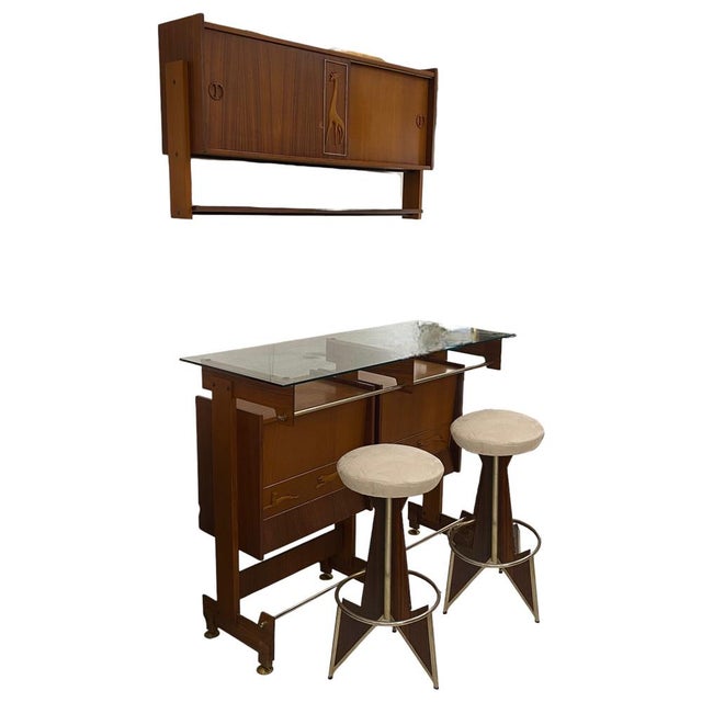 Mid-Century Modern Italian Teak and Rosewood Bar Counter with Shelving and Stools, 1950s, Set of 4 For Sale - Image 15 of 15