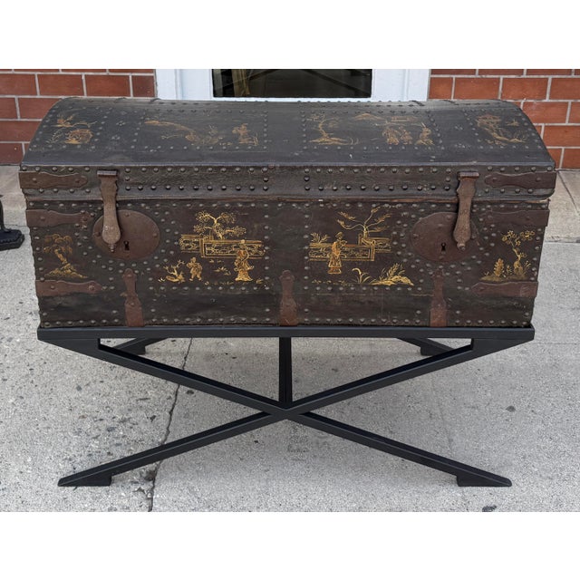 Antique Chinoiserie Decorated Leather Trunk on Stand