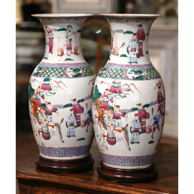 Pair of Mid-Century Chinese Famille Rose Porcelain Vases on Wood Bases For Sale - Image 10 of 12