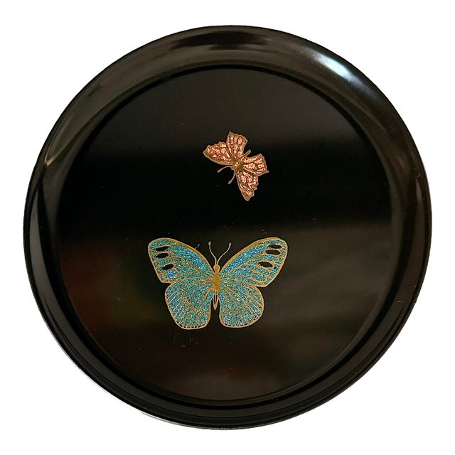 Classic Vintage Mid-Century Modern Couroc of Monterey, Ca Round Tray With a Duo Butterfly Design Hand Inlaid With Multicolored Stones & Brass For Sale