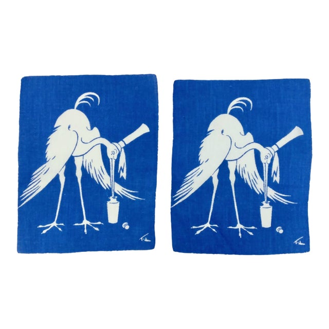 Pair Tom Lamb Blue Stork Pelican Cocktail Napkins Art Deco Barware For Sale