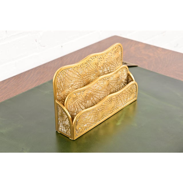 A gorgeous antique Arts & Crafts or Art Deco period gilt bronze and Favrile slag glass "Pine Needle" pattern desk letter...