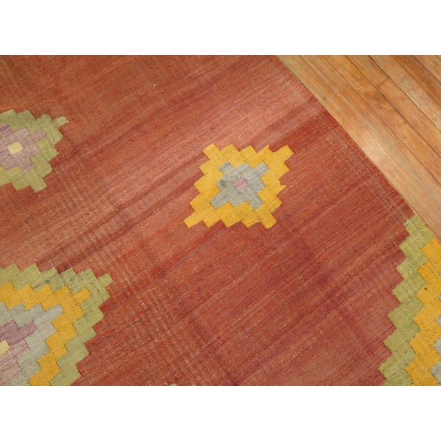 Mid 20th Century Mid 20th Century Rusty Brown Yellow Lavender Green Turkish Kilim Room Size Rug - 9'4" x 11'5" For Sale - Image 5 of 6