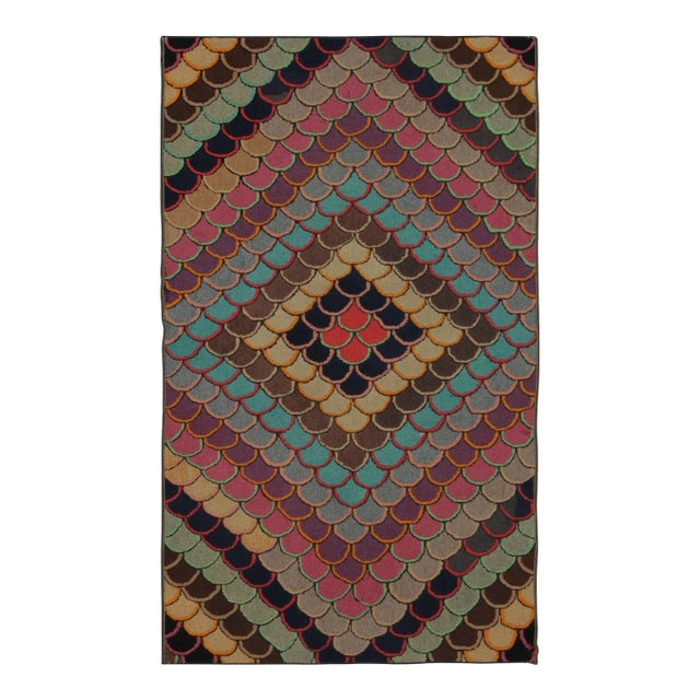 Antique Hooked Rug With Folk Art Geometry & Bright Color Play - Rug & Kilim For Sale