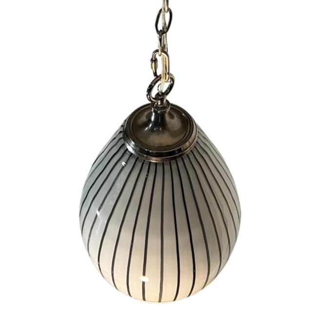 Casa Bique Vintage Murano Striscia Art Glass White Oval Pendant Light With Black Stripes For Sale - Image 4 of 18