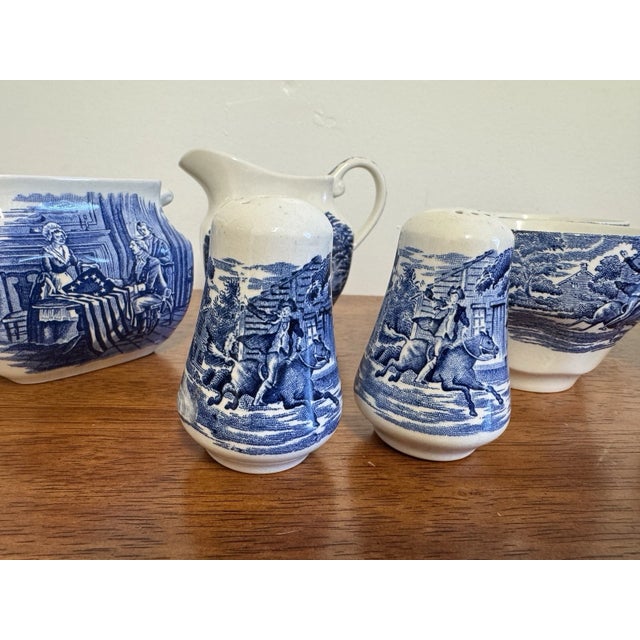 Ceramic 1970s Liberty Blue Betsy Ross England 8 Pc Lot Cups Creamer Sugar Salt Pepper For Sale - Image 7 of 18