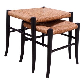 Vintage Italian Rush and Ebonized Wood Nesting Footstools / Ottomans - A Pair For Sale