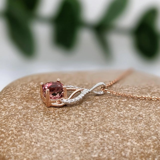 Pink Tourmaline Pendant with Natural Diamonds in Solid 14k Dual Tone Gold Round 5mm For Sale - Image 4 of 8