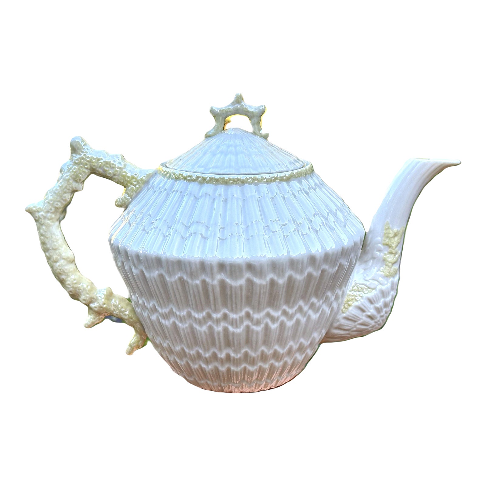 1940s Belleek Limpet Teapot, 5 Cup Capacity, Yellow Handle Fine