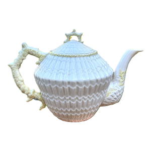 1940s Belleek Limpet Teapot, 5 Cup Capacity, Yellow Handle Fine Irish Porcelain, 1st Green Mark