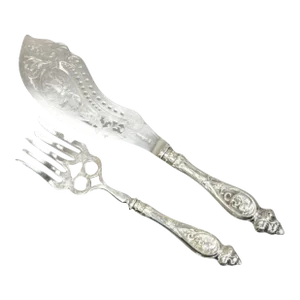 Antique English Victorian Silver Plated Figural Fish Service Fork Knife Set- 2 Pieces
