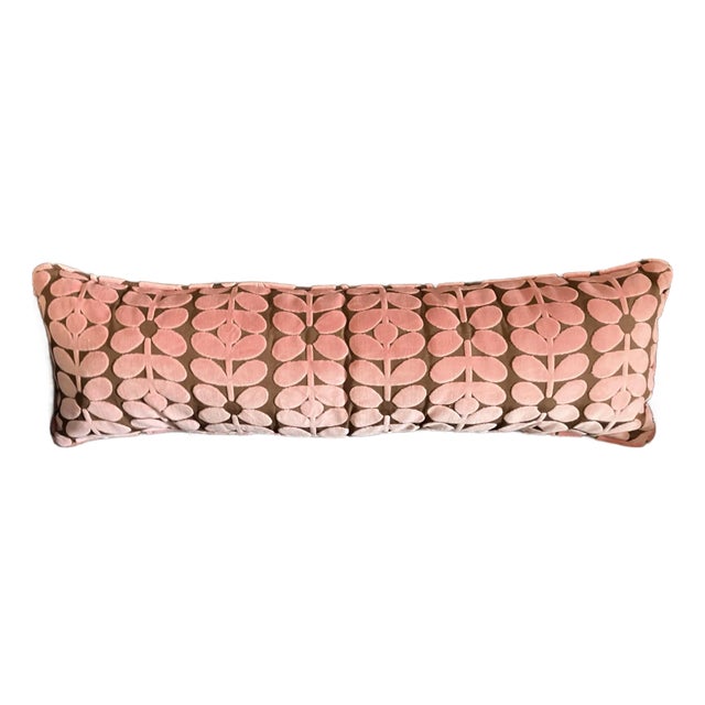 Orla Kiley Retro Sixties Stem Pink on Brown Velvet Fabric Bolster For Sale