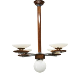 Czech Art Deco Chrome and Opaline Glass Chandelier in Walnut, 1930s For Sale