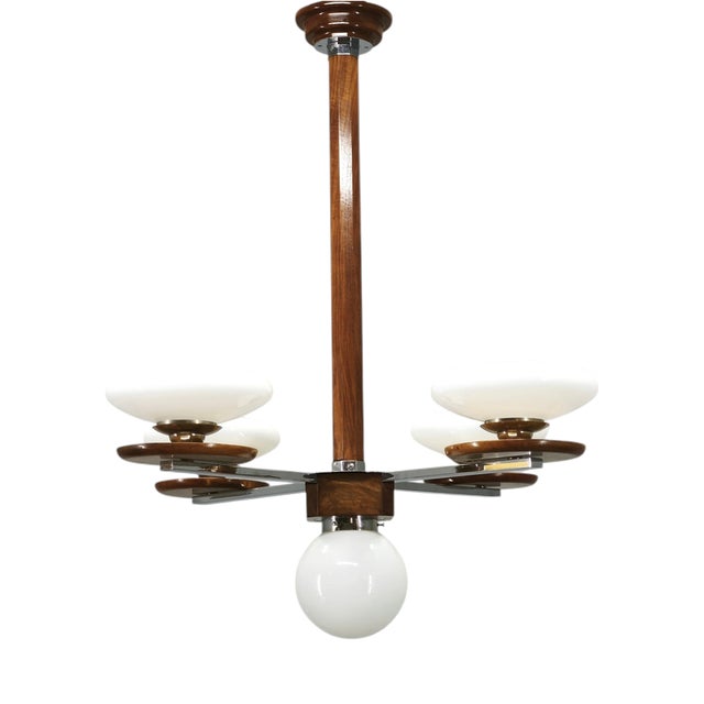 Czech Art Deco Chrome and Opaline Glass Chandelier in Walnut, 1930s For Sale