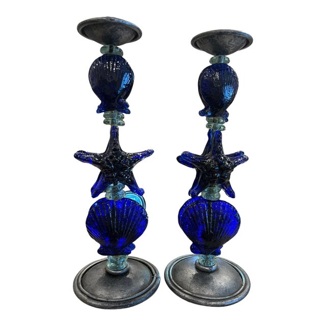 Pair of Heavy Cobalt Blue Art Glass Candlesticks 13" Tall For Sale