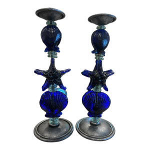 Pair of Heavy Cobalt Blue Art Glass Candlesticks 13" Tall