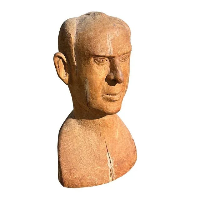 Mid-Century Modern Mid-Century Hand-Carved Wooden Male Bust Sculpture — Jonathan Parks Estate For Sale - Image 3 of 11