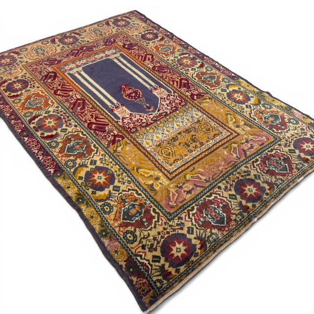 Turkish Antique Ottoman Turkish Rug | Mihrab Design With Columns and Lamp | 4x6 For Sale - Image 3 of 5