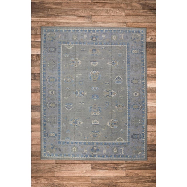 Textile Early 21st Century Gray & Blue Floral Design Handwoven Wool Turkish Oushak Rug 11'6" X 15' For Sale - Image 7 of 8