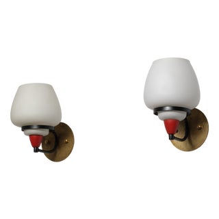 Vintage Italian Wall Sconces in Black and Red Lacquer with Opaline, 1950s, Set of 2 For Sale