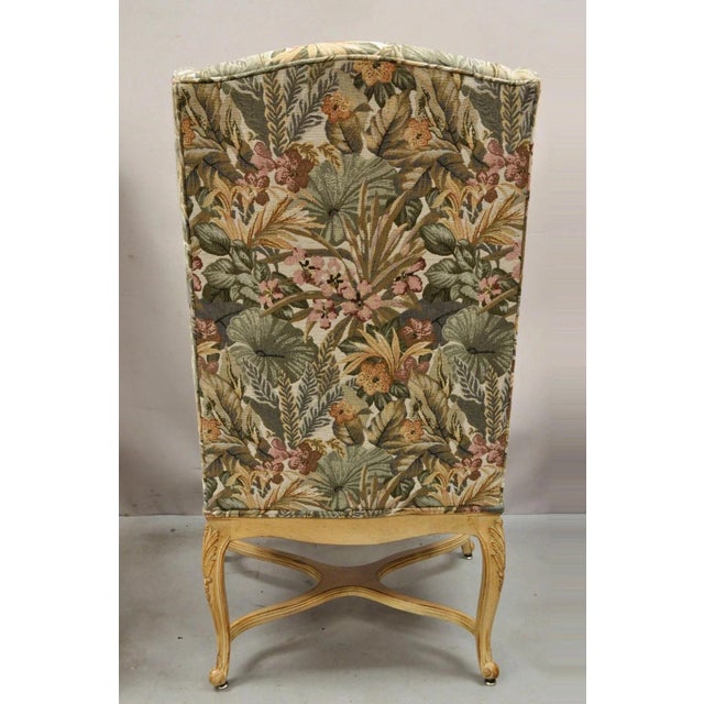 Mid 20th Century French Country Provincial Louis XV Style Upholstered Wingback Lounge Chairs Pair For Sale - Image 10 of 11