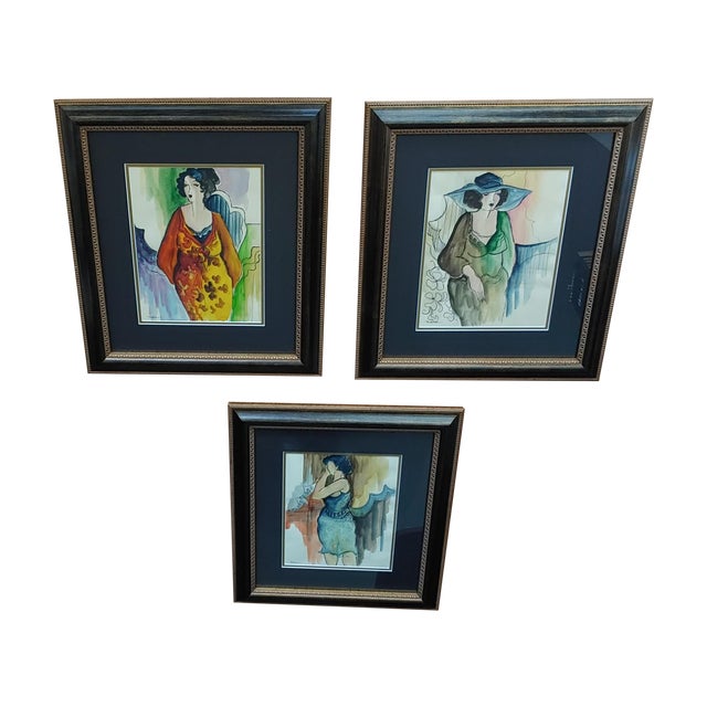 Late 20th Century Portrait Watercolor Paintings of a Lady by Patricia Govezensky, Framed - Set of 3 For Sale