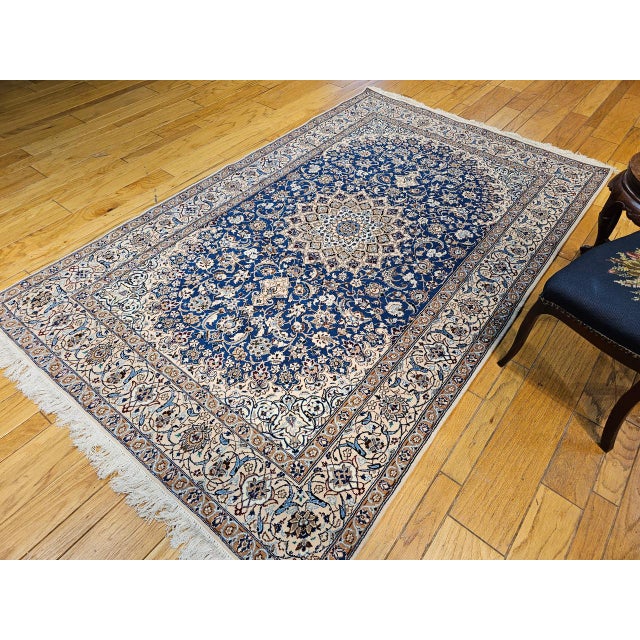 Textile Vintage Persian Nain Area Rug, Hand-Knotted Wool & Silk, Floral Pattern, 6x9, Royal Blue & Ivory For Sale - Image 7 of 16