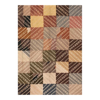 1960s Multicolor Diamond Modern Vintage American Hooked Rug 5' 7" X 7' 10" Hand Knotted Wool Carpet For Sale