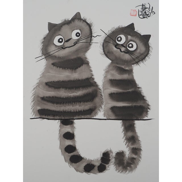 Laszlo Tibay, Les chats amoureux, Ink & Wash Drawing For Sale