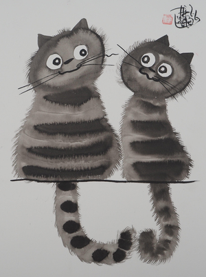 Laszlo Tibay, Les chats amoureux, Ink & Wash Drawing