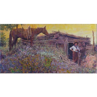 The Simple Life by Jeff Slemons | Gouache On Watercolor Paper Man with horse near a rustic cabin. For Sale