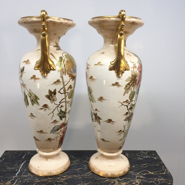 Victorian Pair of Large Apposing Royal Bonn Handled Vases in Floral and Bird Motif For Sale - Image 3 of 18