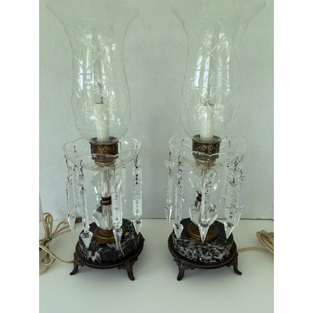 Pair of Vintage Crystal Prism Boudoir Lamps With Marble Bases and Etched Glass Shades For Sale - Image 4 of 12