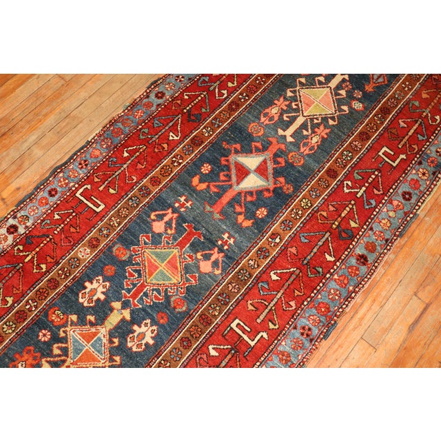 Persian Blue Persian Heriz Serapi Tribal Runner, Early 20th Century - 3'5" x 13'5" For Sale - Image 3 of 6