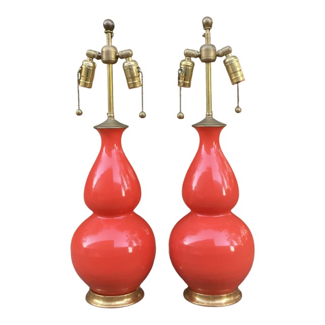 Christopher Spitzmiller Coral Double Gourd Lamps With Gilt Bases - A Pair For Sale