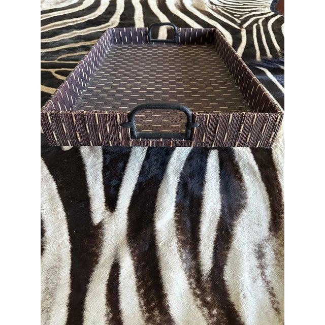 Ralph Lauren Vintage Large 21” Chocolate Brown & Tan Grasscloth Tray With Blackened Wood Handles For Sale - Image 4 of 17